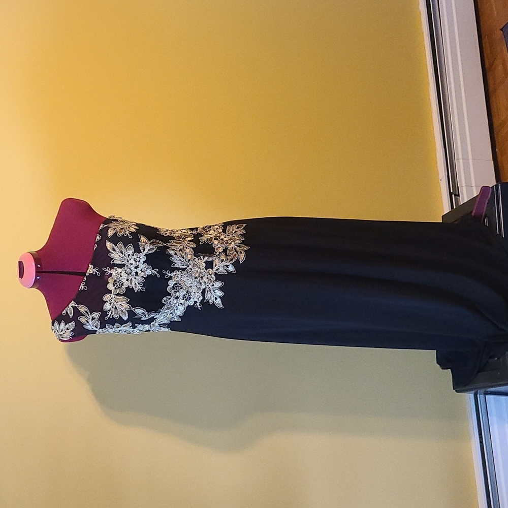 Black full length dress with gold lace bodice